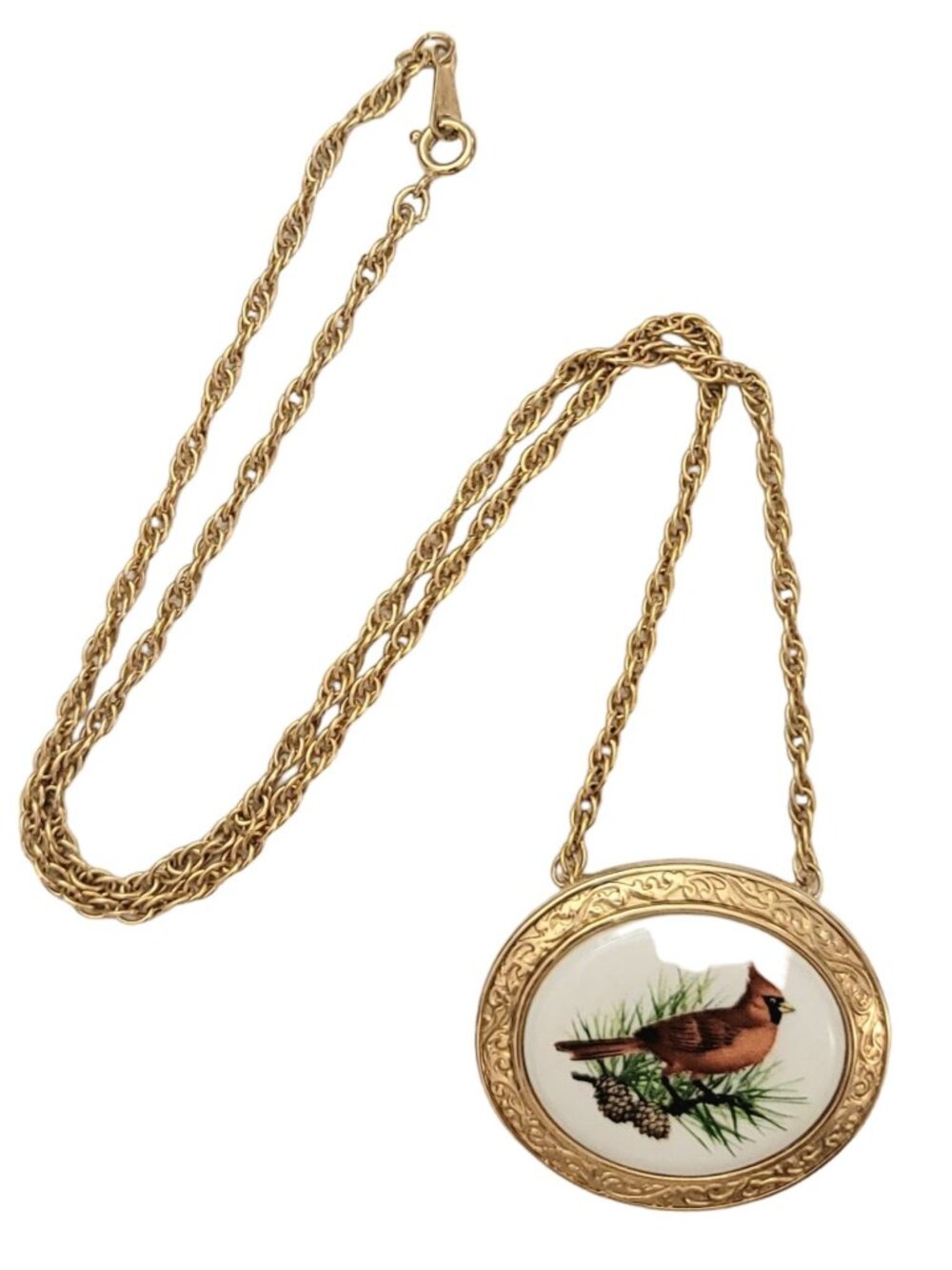 Avon Gold Tone Ceramic Cardinal Cameo Style Brooch Pendant Chain Necklace, K317
